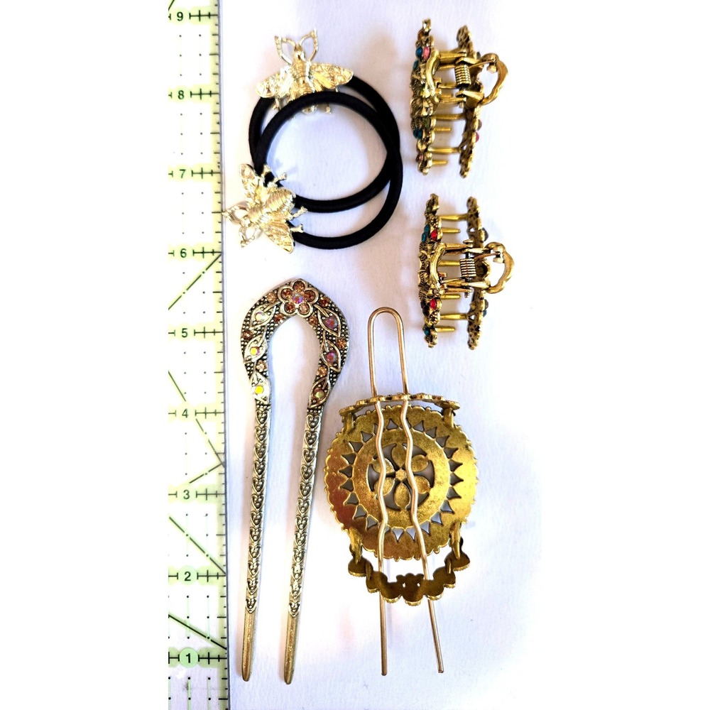 Vintage Style Gold Hair Accessory Set Bee Ties Turquoise Slide Floral Clips 6pc - Picture 3 of 3